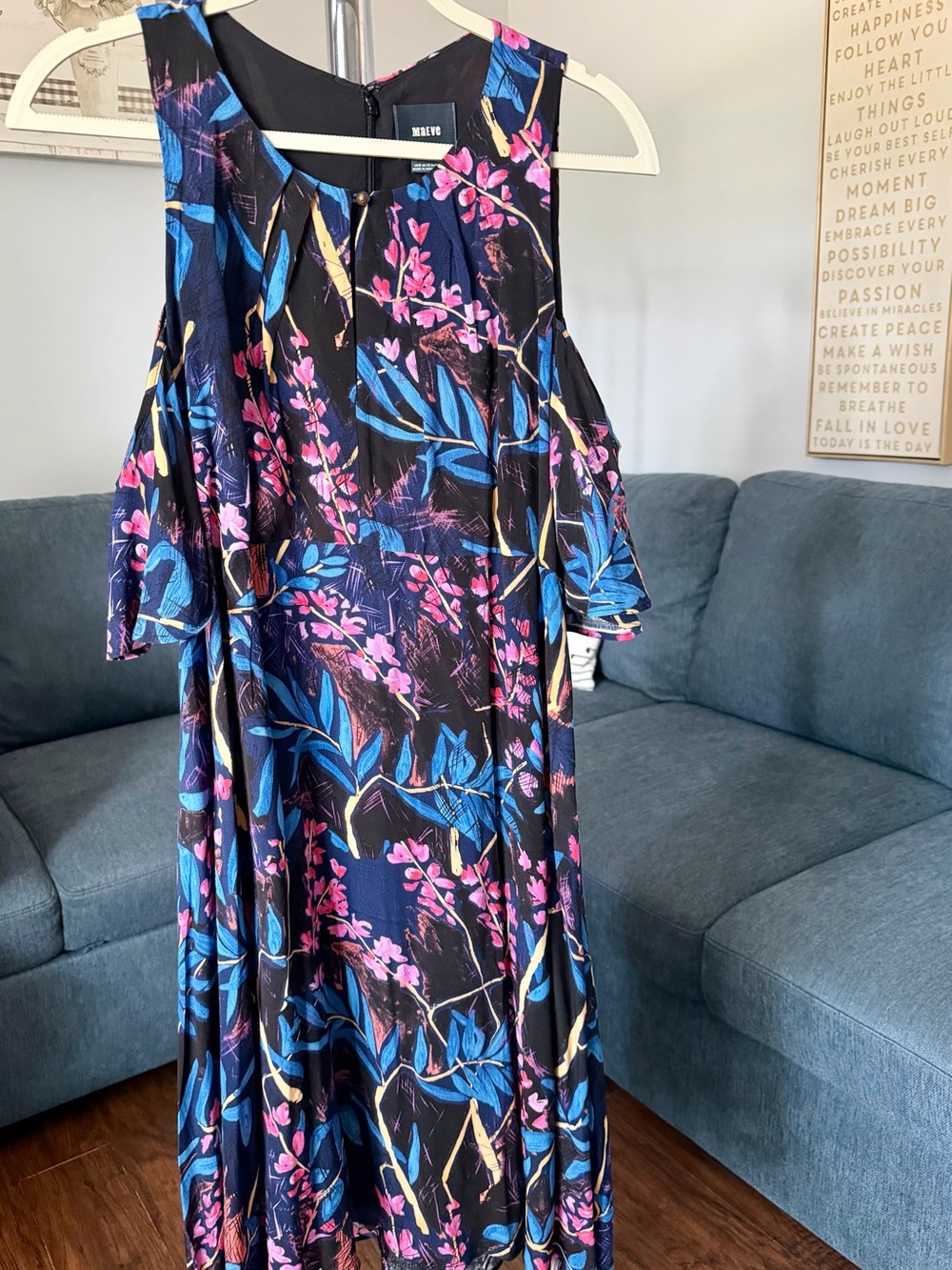 Maeve Black Midi Dress with Blue and Pink Floral Motif